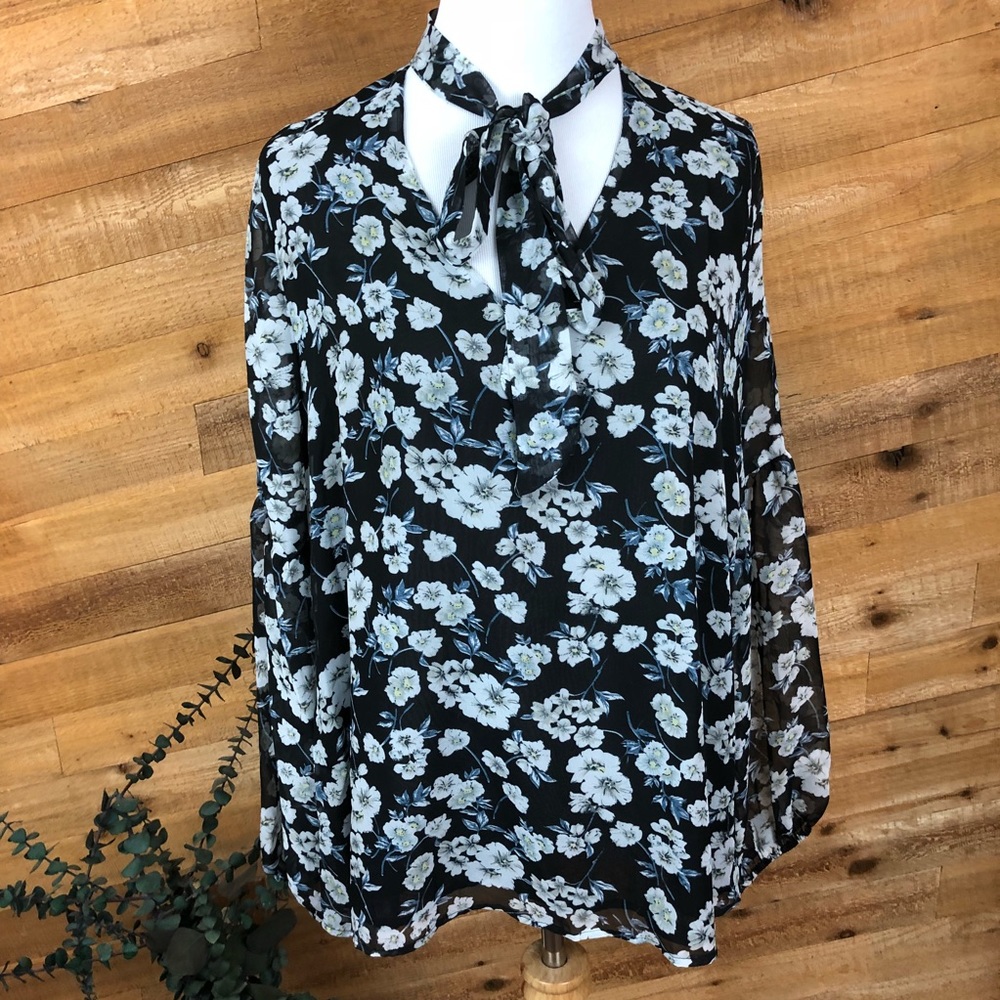 Umgee sheer floral boho long sleeve tie neck top